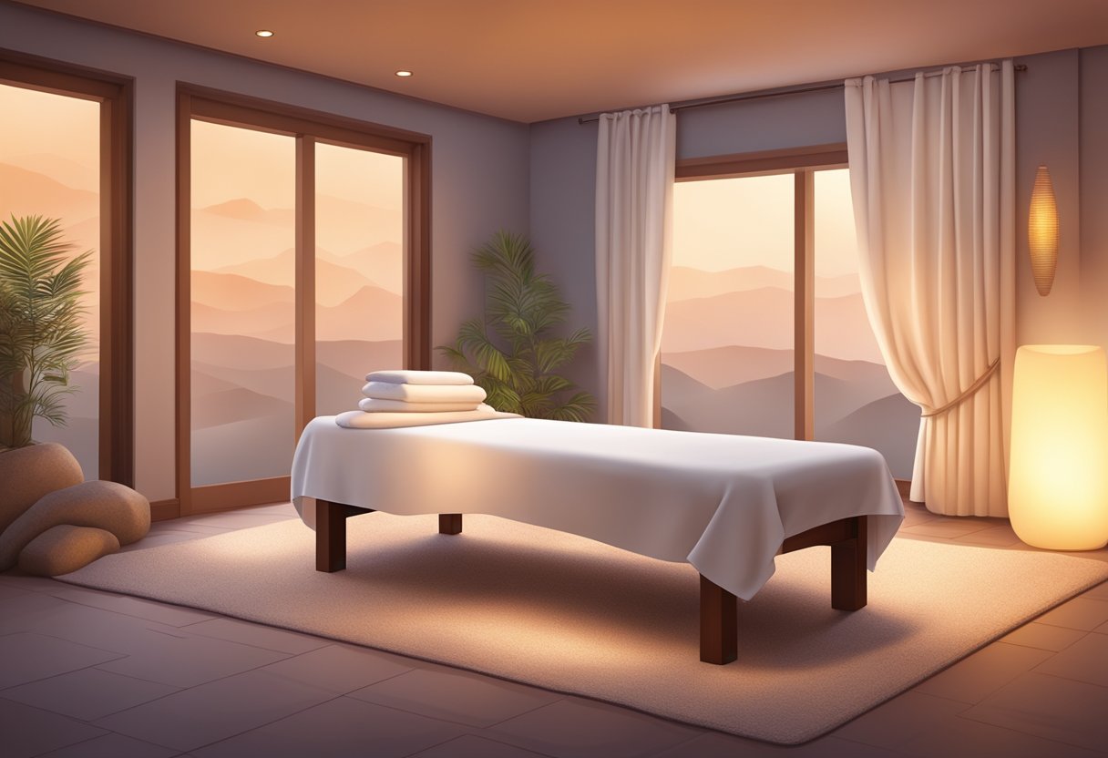 A serene spa room with warm lighting, a massage table draped in soft linens, and smooth, heated stones arranged in a soothing pattern