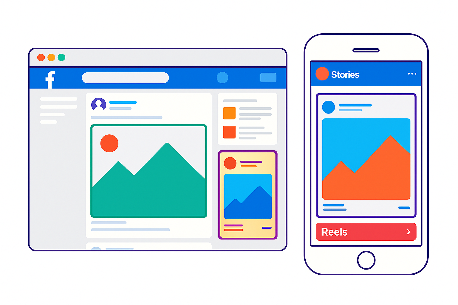 Colorful illustration showing Facebook and Instagram interfaces with ad placements in Feed, Stories, Reels, and Right Column on desktop and mobile
