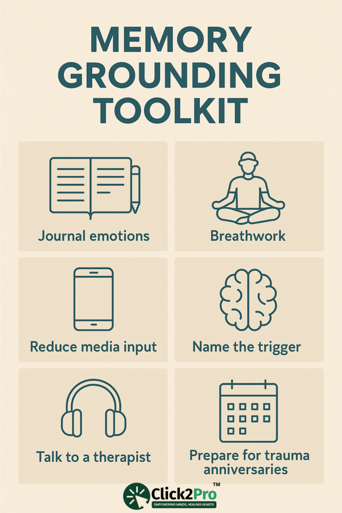 Infographic showing grounding tools for trauma memory: journaling, breathwork, therapy, triggers