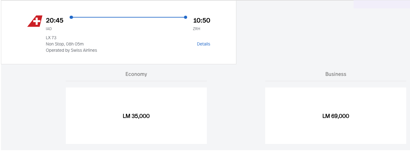 IAD to ZRH booked via LifeMiles