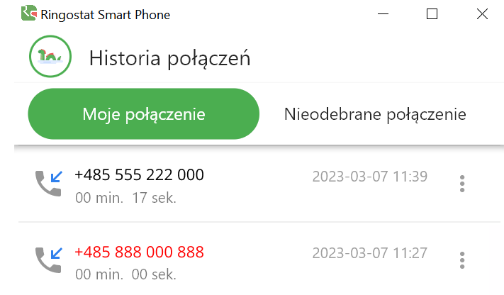 Ringostat Smart Phone, Moje połączenia, Nieodebrane połączenia 