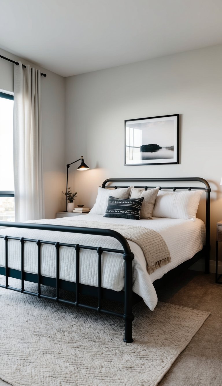 An industrial metal bed frame in a minimalist guest bedroom with neutral colors and modern decor