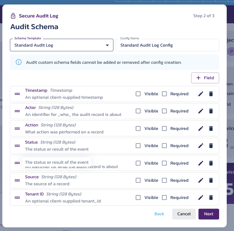 Pangea Audit Log Schema selection screen