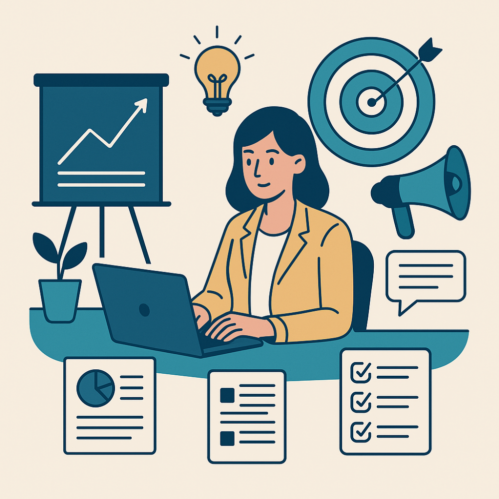 Illustration of a woman at a desk with a laptop, surrounded by icons representing go-to-market strategy elements like target setting, lightbulb ideas, charts, messaging, and checklists.