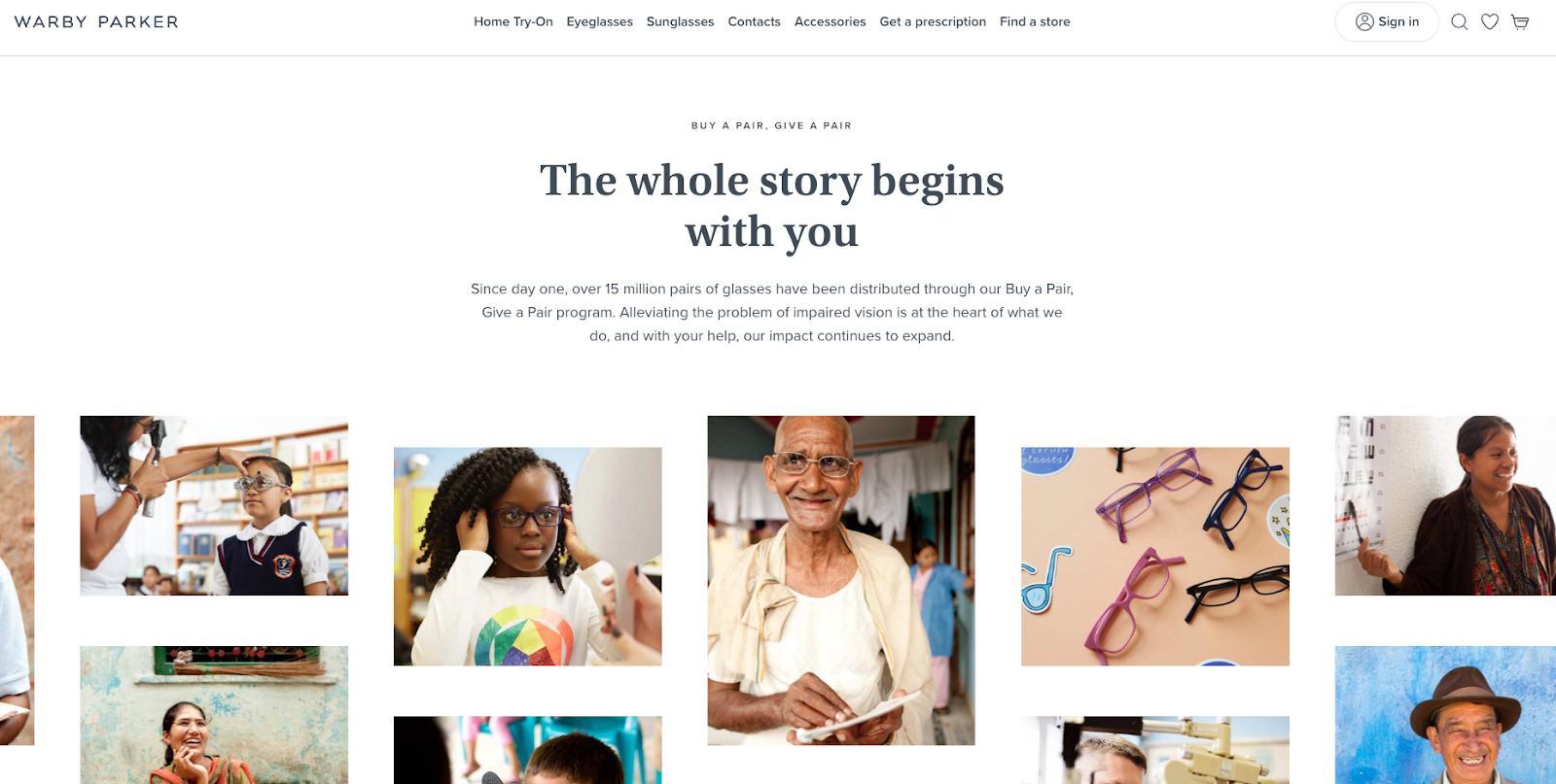 Screenshot of Warby Parker's landing page for buy a pair give a pair program