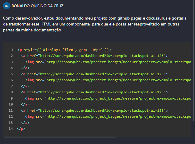 Prompt solicitando como transformar o HTML em um componente reutilizável.