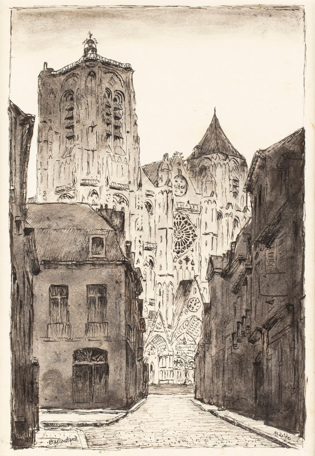 Dessin de la cathédrale de Bourges par Marcel Bascoulard, clochard et dessinateur.