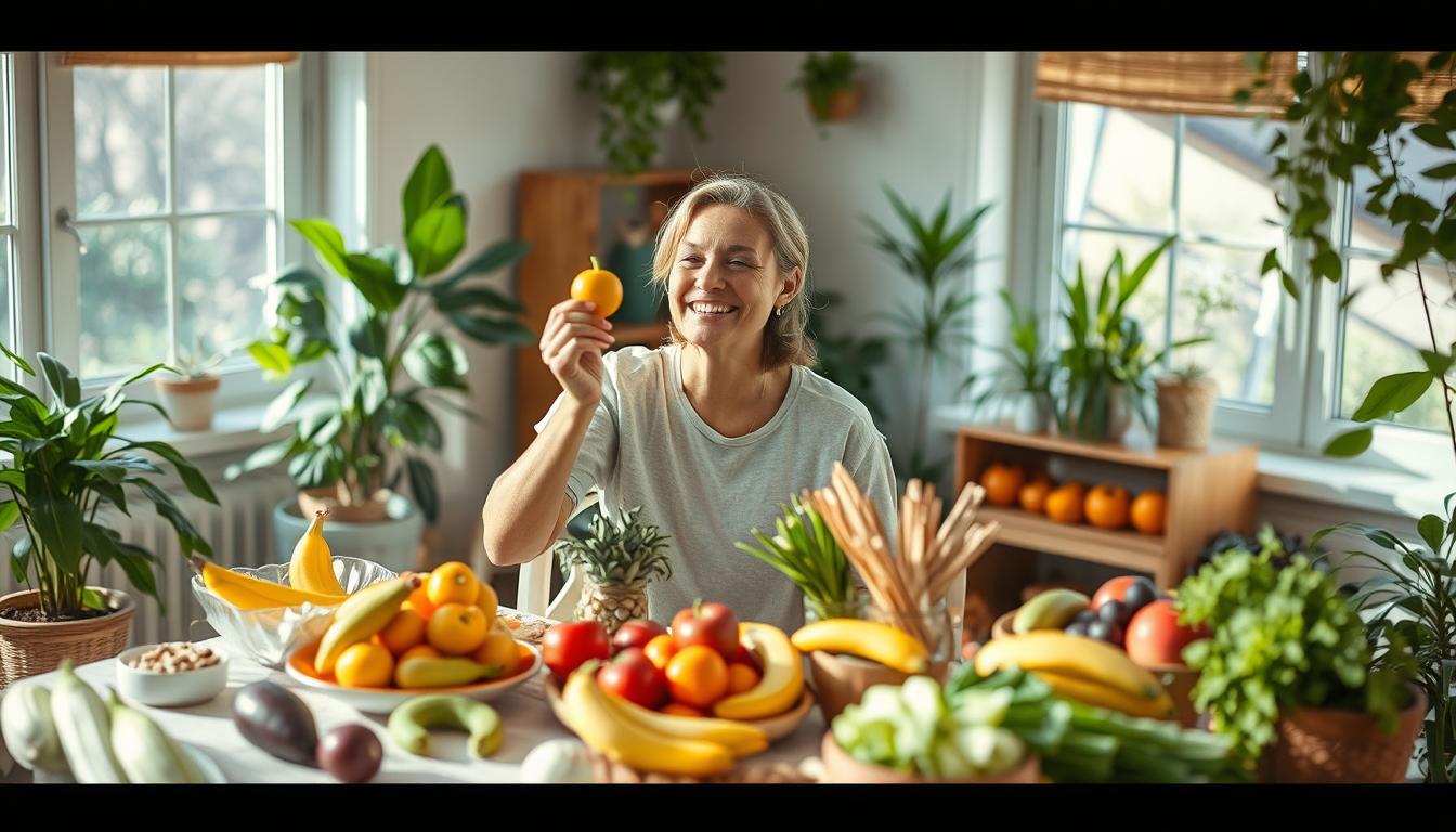 Create an image of a person sitting in a room with a table filled with fruits, vegetables, and other healthy snacks. The room is surrounded by natural light coming in through large windows, and plants are scattered throughout the space. The person is smiling contently as they reach for a piece of fruit, with a sense of abundance and gratitude emanating from their pose.