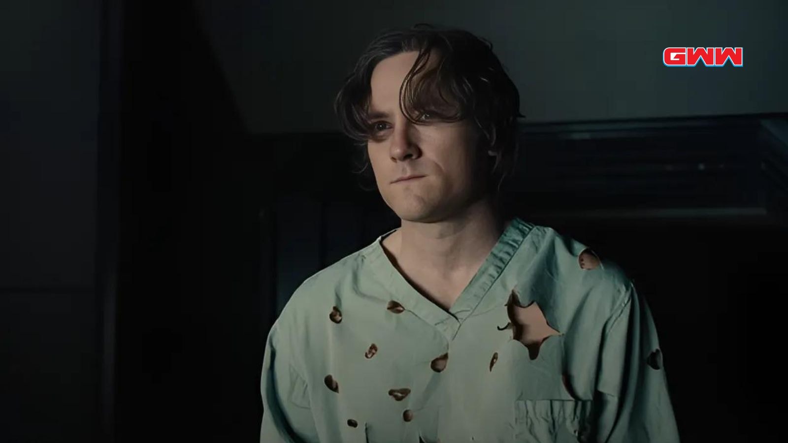 Wyatt Russell as John Walker in a distressed hospital gown in Thunderbolts