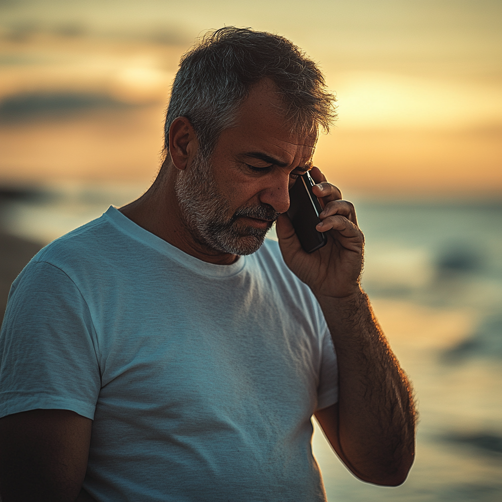 An upset man talking on his phone | Source: Midjourney