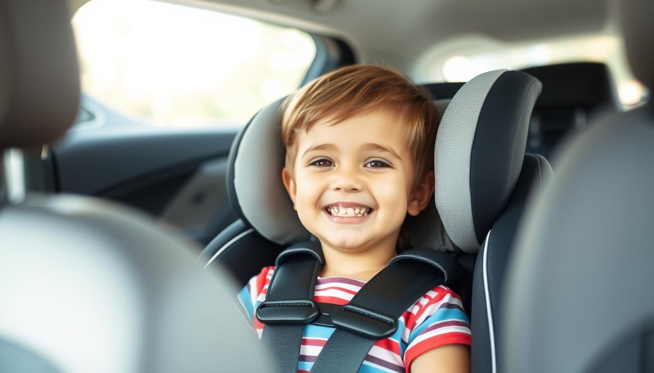 Happy child safely secured in properly installed car seat