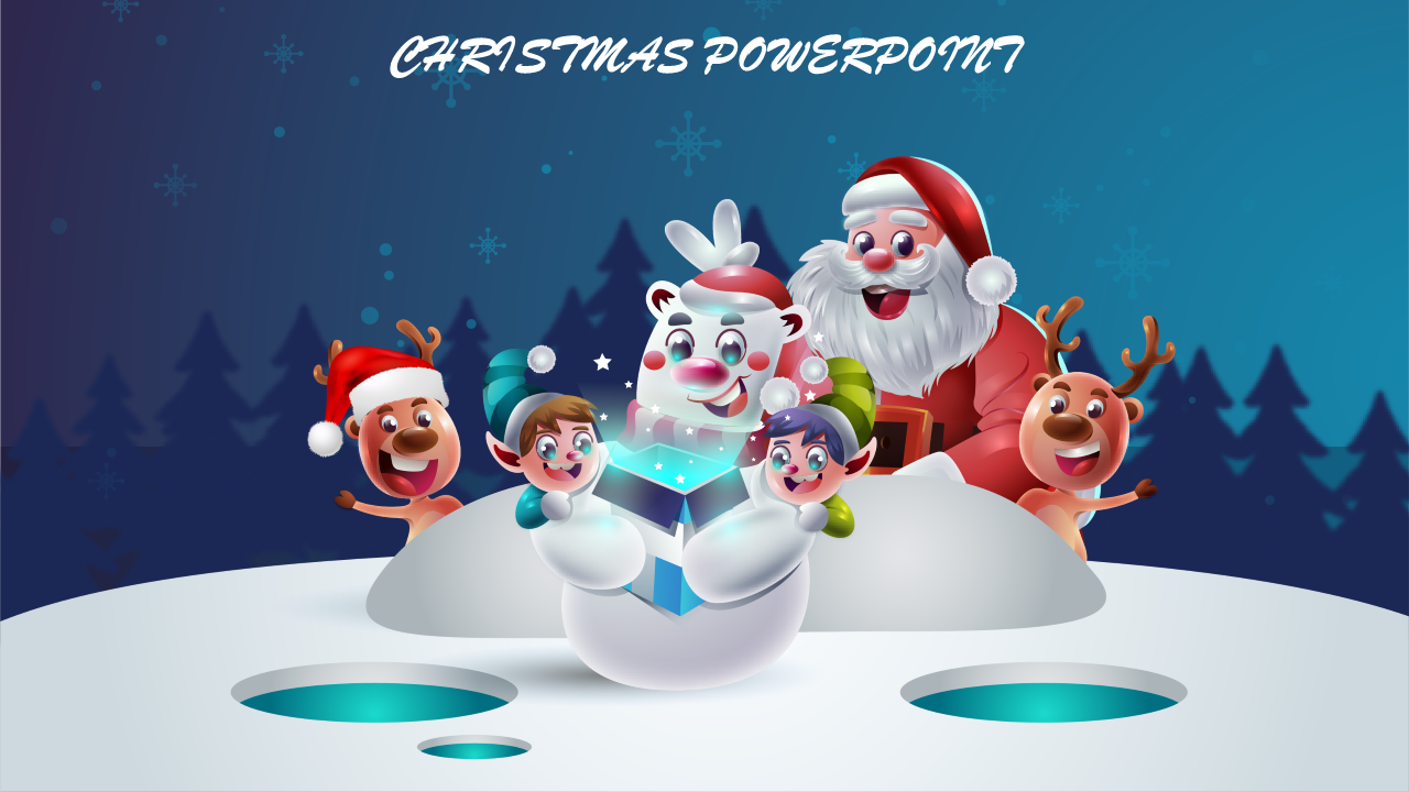 A cheerful Christmas scene with Santa, reindeer, elves, a snowman holding a glowing gift, and a snowy forest backdrop.