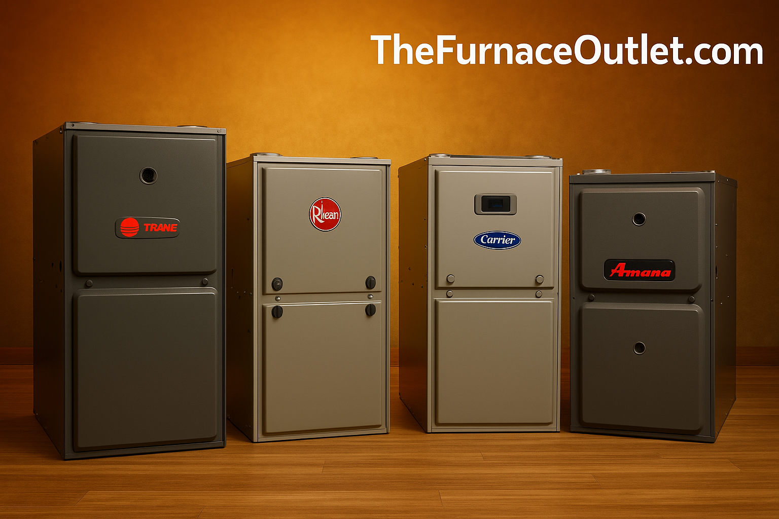 Four high-efficiency furnaces—Trane, Rheem, Carrier, and Amana—displayed side by side on a wooden floor with a warm orange background and “TheFurnaceOutlet.com” branding above