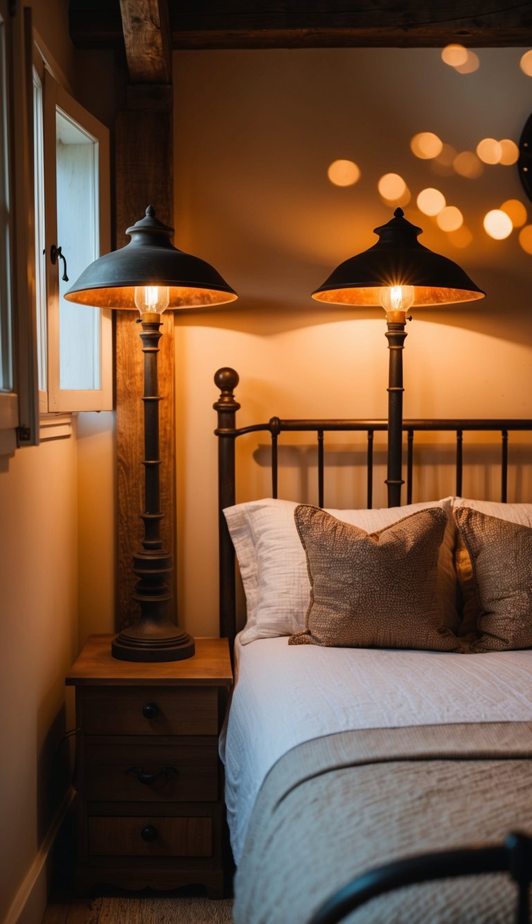 Two iron bedside lamps illuminate a cozy farmhouse bedroom with rustic decor and warm lighting