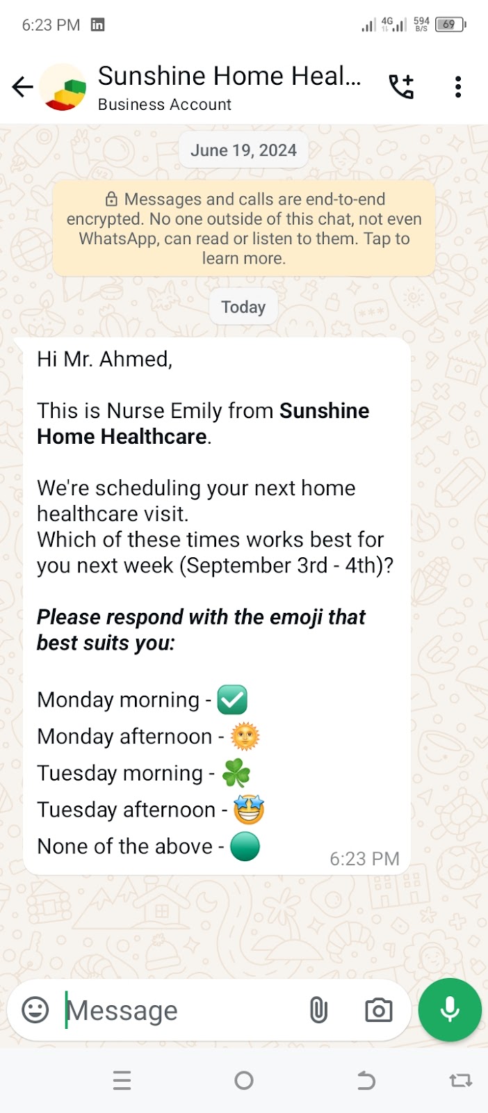 Coordinating home healthcare visits on WhatsApp.