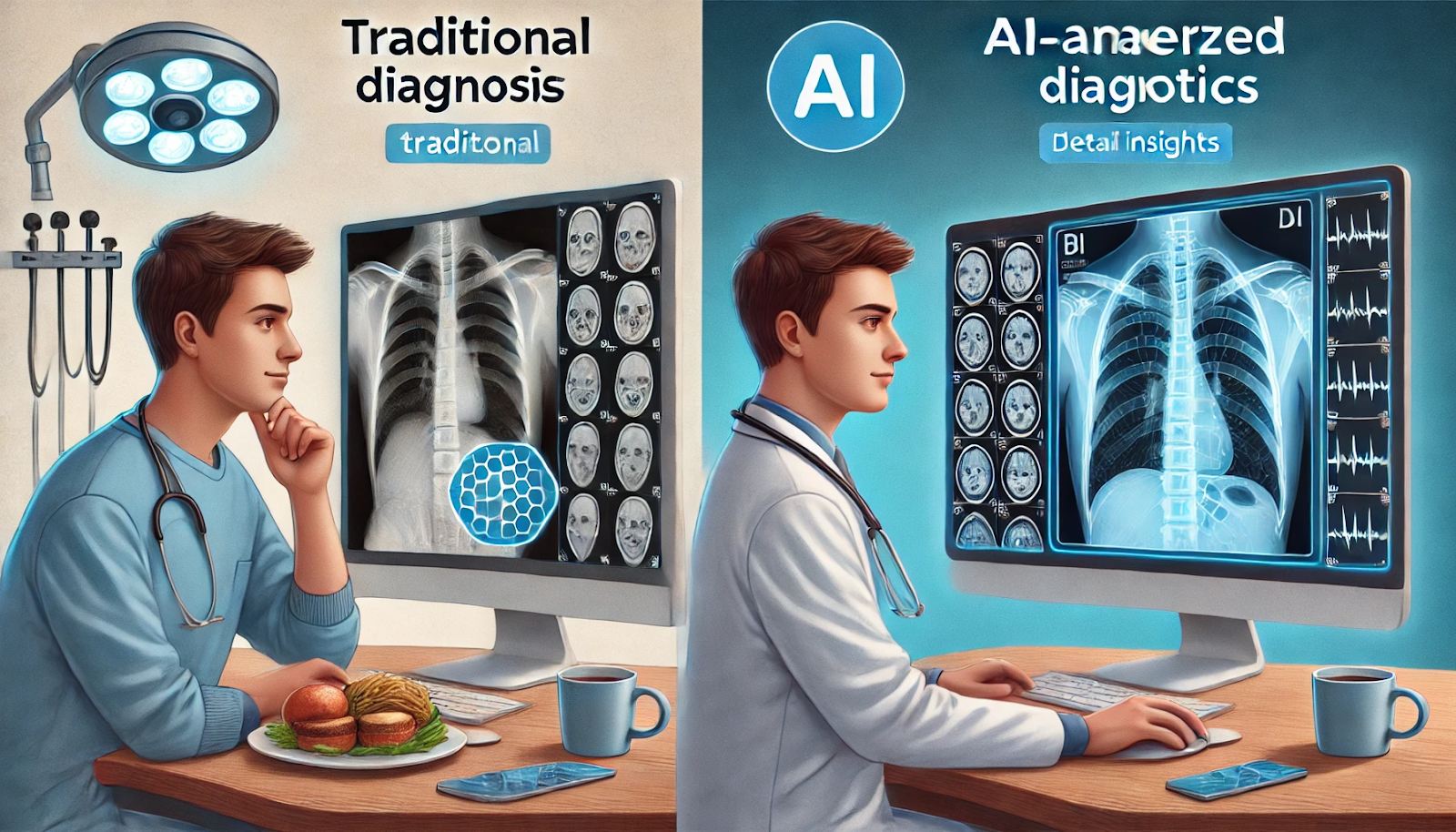 Comparison between traditional and AI-powered diagnostics, highlighting the efficiency and accuracy of AI.