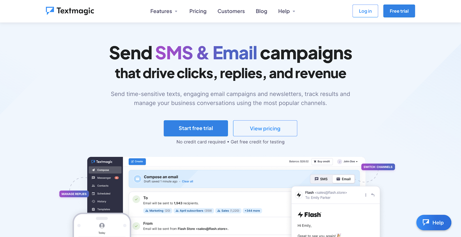 Visual of TextMagic's homepage.