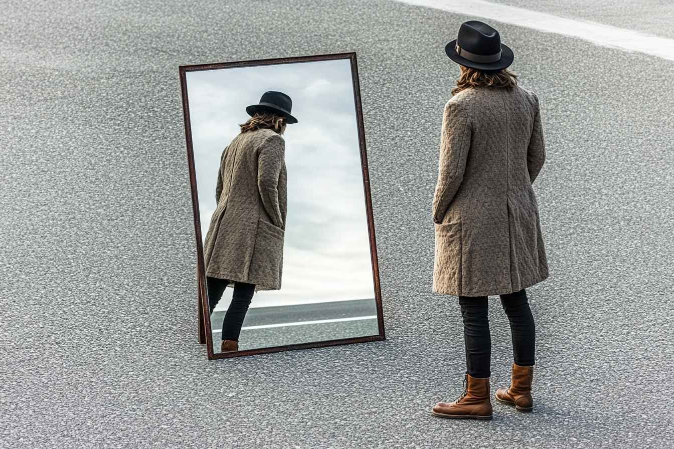 Executive leader standing beside a mirror reflecting a never-ending highway, symbolizing the continuous journey of leadership assessment and development.