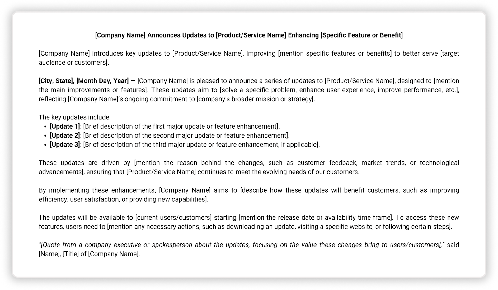 Screenshot of Product or Service Updates press release template.