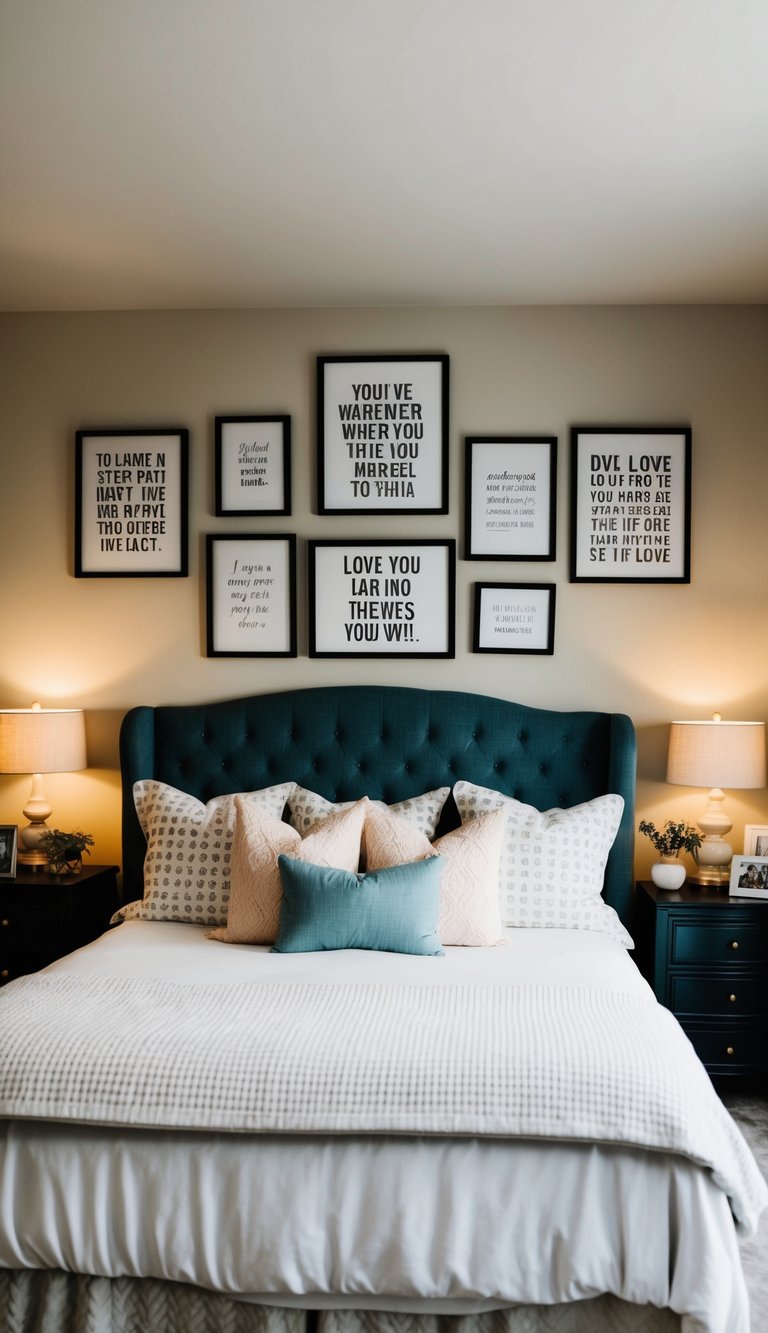 A cozy master bedroom with a large bed adorned with framed love quotes on the walls, creating a romantic and intimate atmosphere