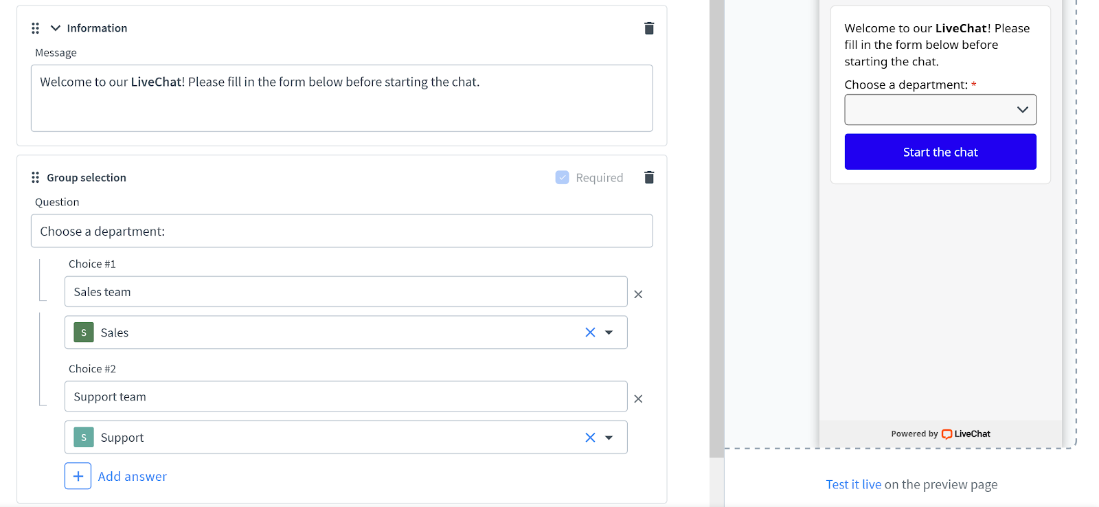 Route chats to a group via pre chat form.