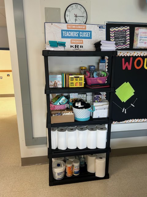 image of shelves stocked with teacher supplies from the United Way of Greater Fall River's Teachers' Closet