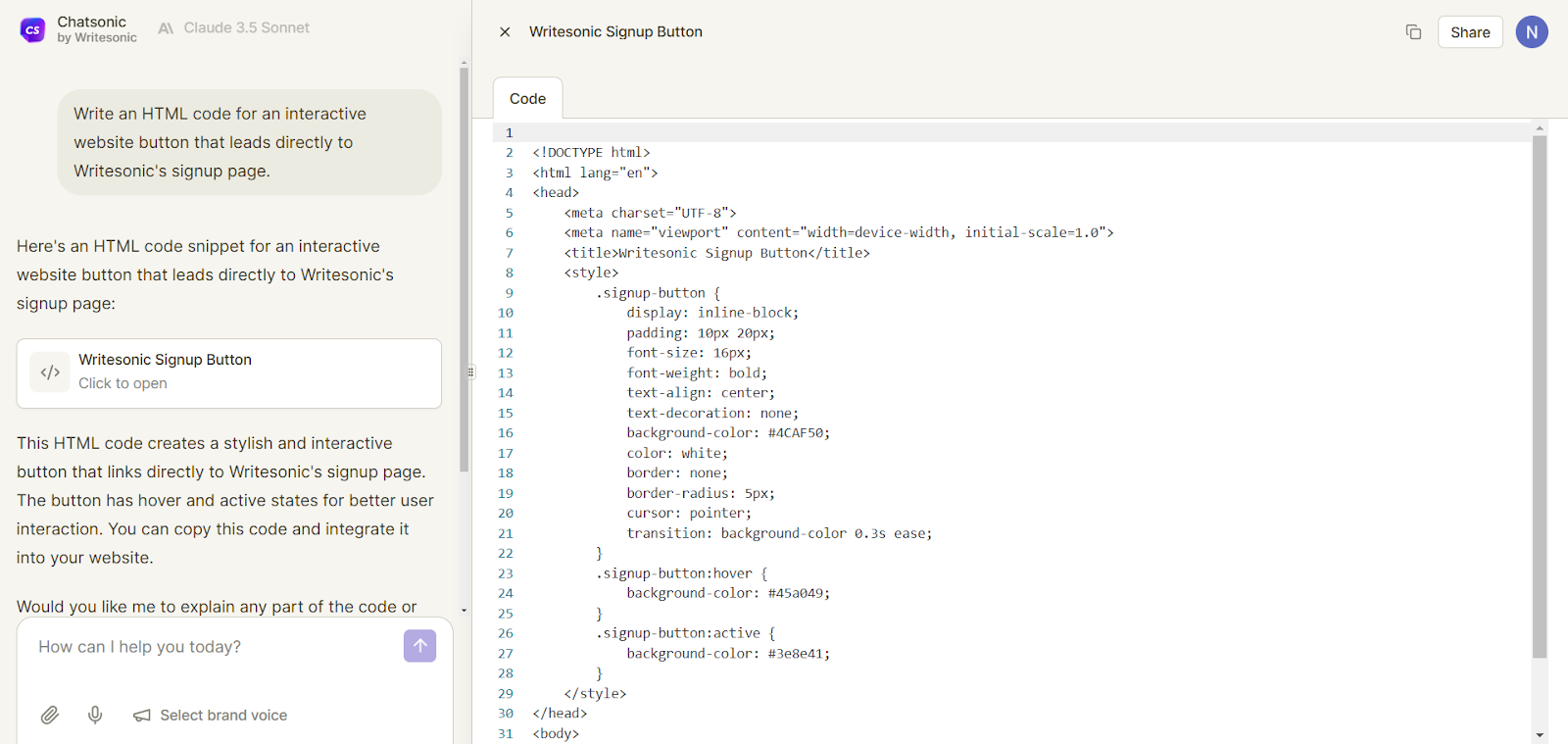 Chatsonic helps write detailed code.