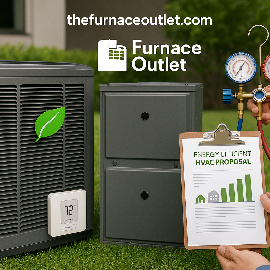 A branded HVAC promotional image for The Furnace Outlet featuring a VRF outdoor unit with a green energy leaf icon, a furnace, smart thermostat set to 72°F, technician-held manifold gauges, and a clipboard showing an “Energy Efficient HVAC Proposal,” all placed on fresh green grass in front of a modern commercial building, emphasizing sustainability and smart technology
