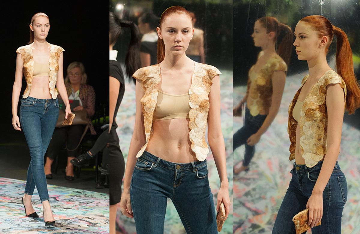 A 3-photo collage of a model wearing a brown MycoTex compostable seamless top at the NEFFA fashion show in Avantex Paris. Credit: MycoTex