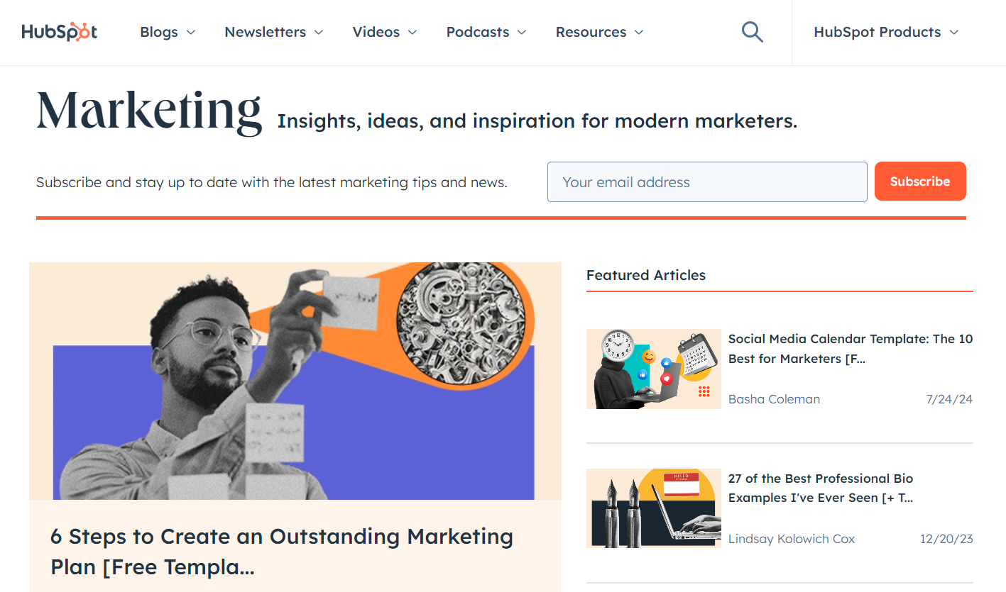 HubSpot's Marketing Blog's Homepage - a blog covering exciting topics for entrepreneurs