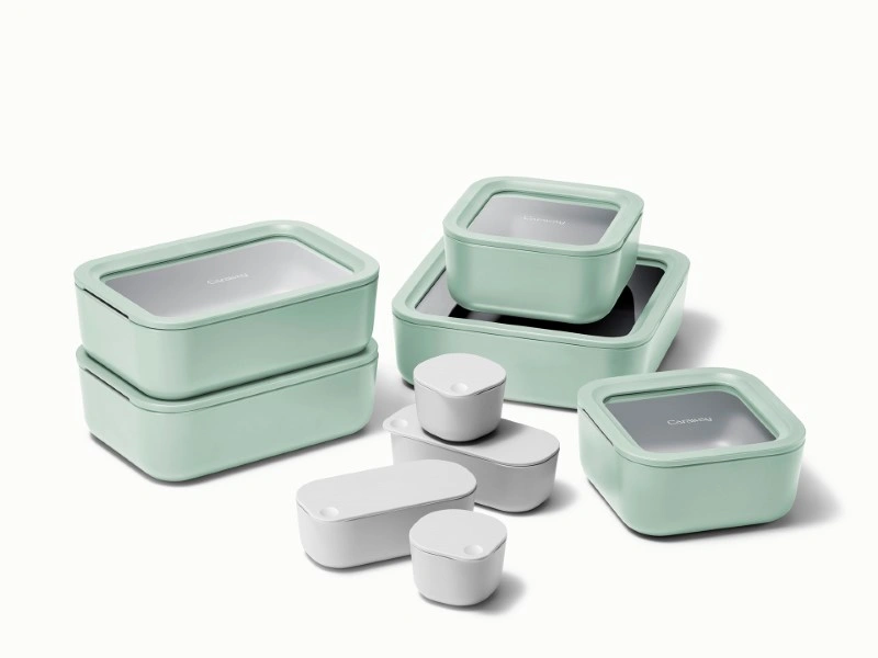 Caraway Home Food Storage Set with ceramic-coated glass containers, airtight lids, and a sleek, toxin-free design for modern kitchens.