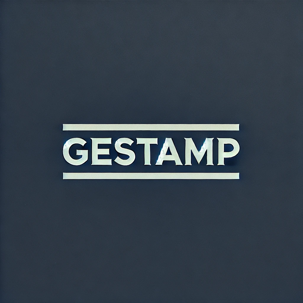 Gestamp logo on dark blue background, representing investment opportunities in the automotive sector for 2025 with insights on evolution, challenges, and future growth.