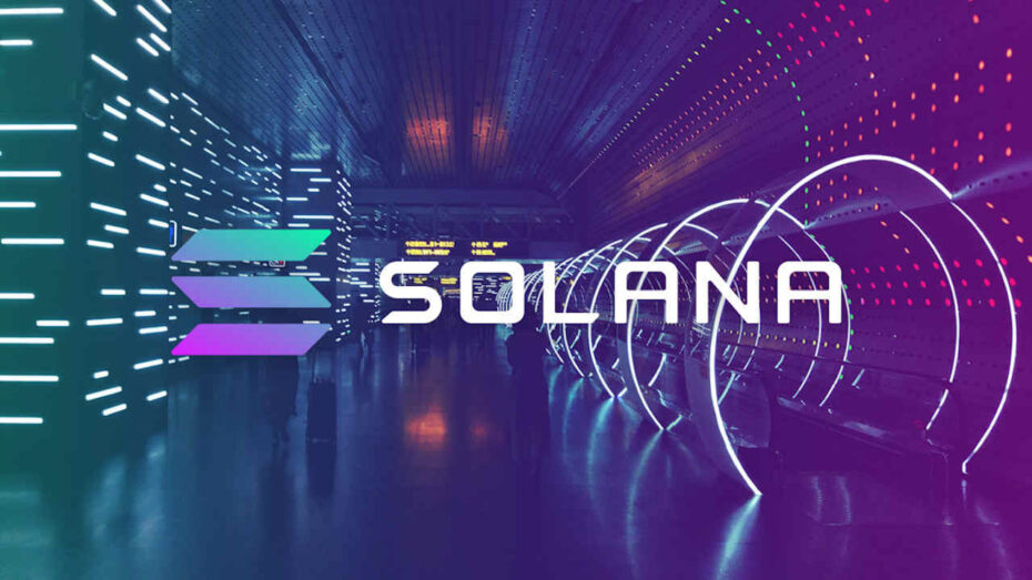 Solana logo over a futuristic background, representing its innovative role in blockchain technology and high-speed transactions.