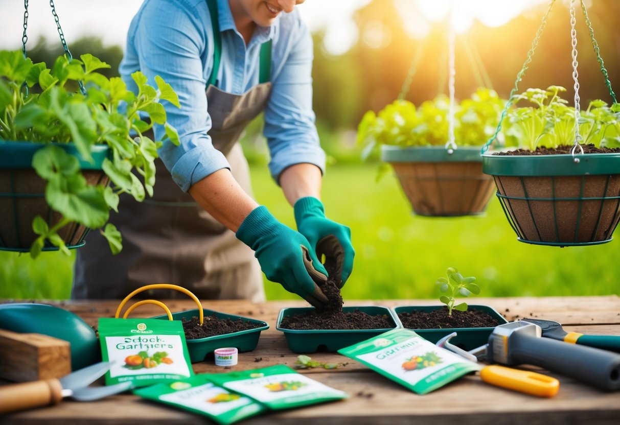 A gardener planting seeds in hanging baskets, surrounded by gardening tools and seed packets