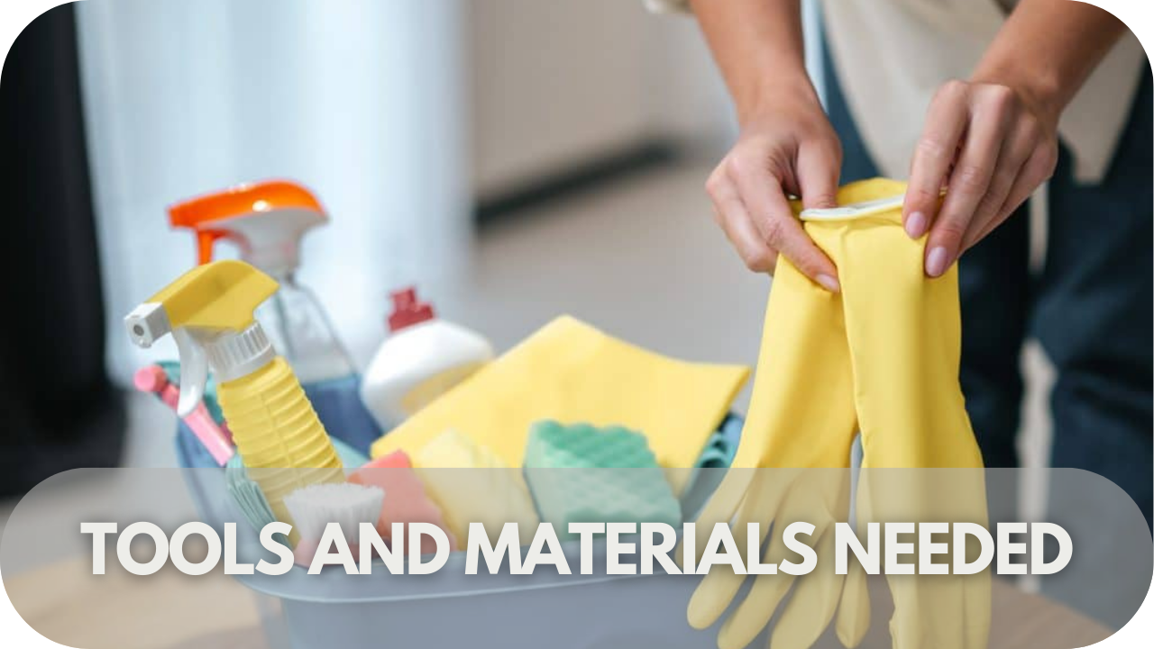 Essential tools and materials neatly arranged for removing motor oil from pavers.