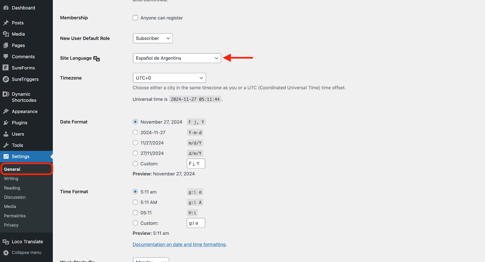 change wordpress site language