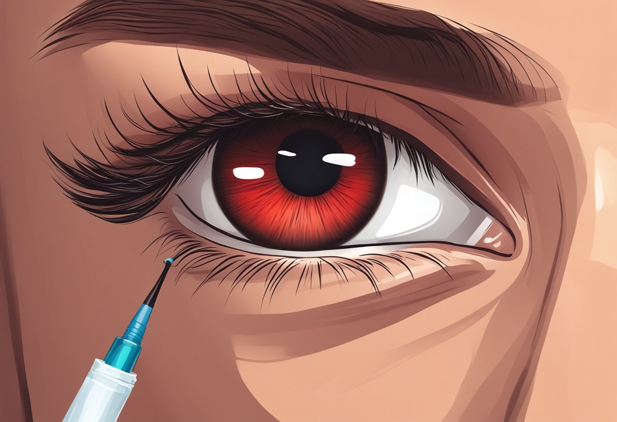 A close-up of a red, irritated eye with a tube of lash glue nearby