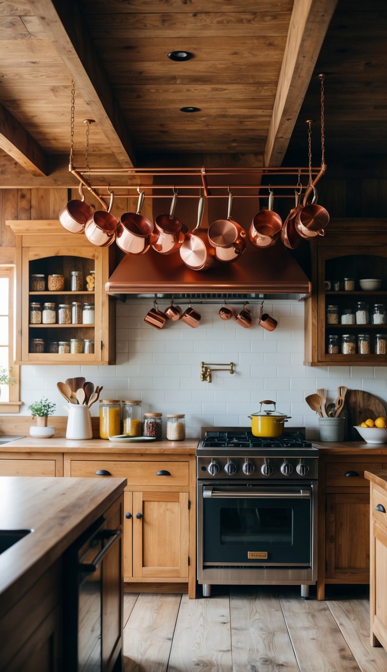 A rustic farmhouse kitchen with a copper pot rack hanging from the ceiling, surrounded by wooden cabinets and shelves filled with kitchenware and jars of ingredients