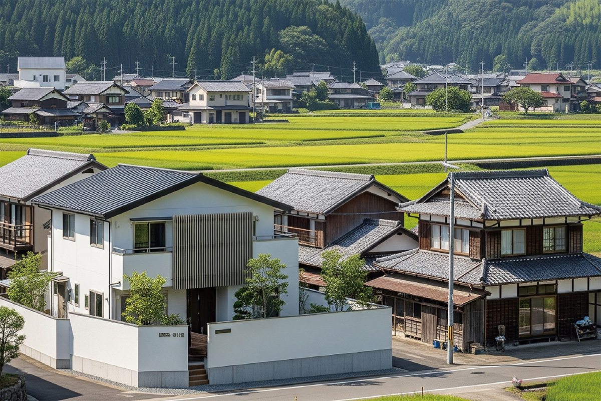 Traditional wooden homes in a quiet rural Japanese village.