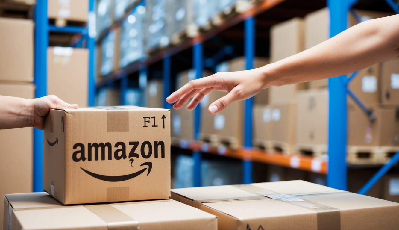 A hand reaching out to transfer FC (Fulfillment Center) inventory from one Amazon warehouse to another. Boxes stacked in the background