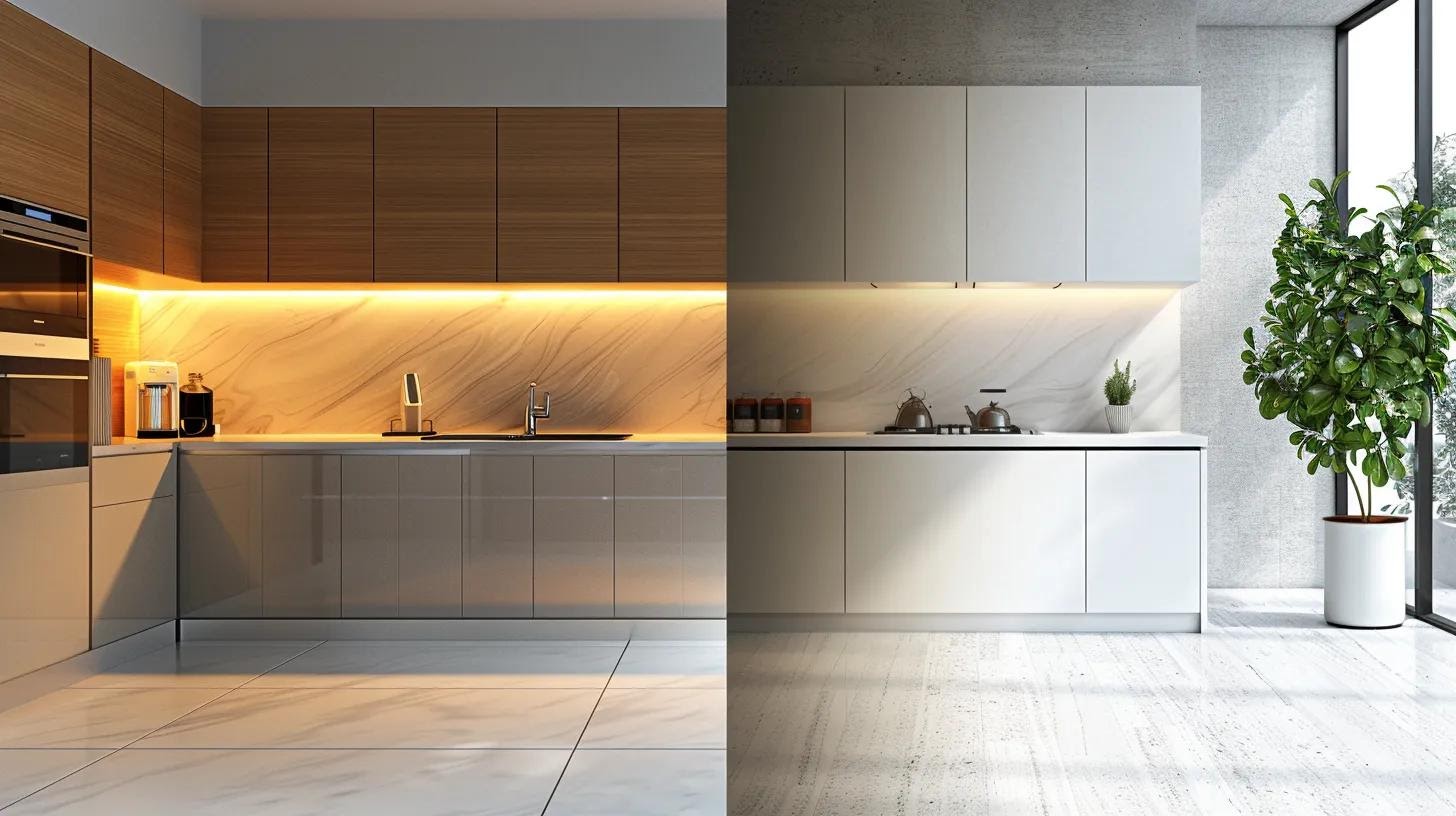a sleek, modern kitchen with gleaming surfaces showcases a split view: one side meticulously organized and spotlessly maintained after a deep clean, while the other reveals everyday clutter, highlighting the stark contrast between deep cleaning and regular cleaning.