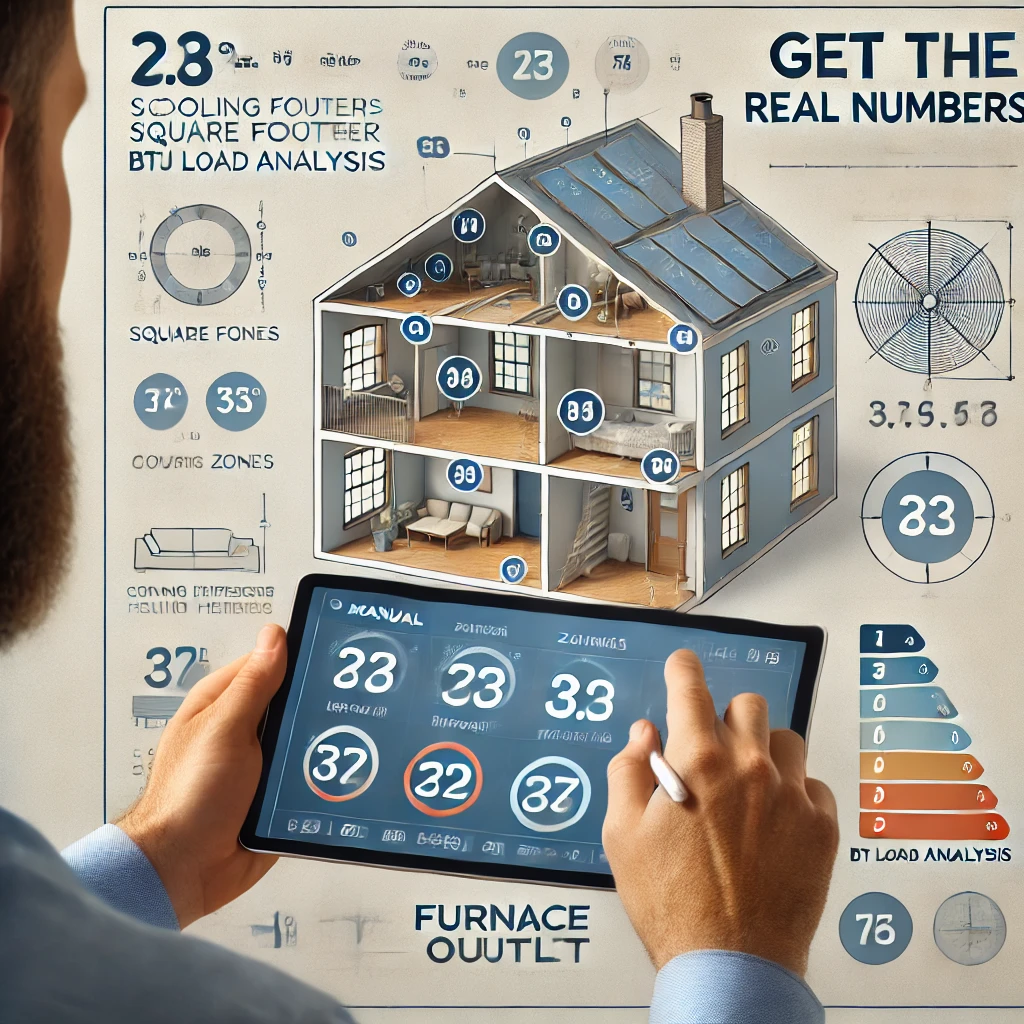 HVAC professional reviewing Manual J load calculations on tablet with home floor plan and BTU overlays.