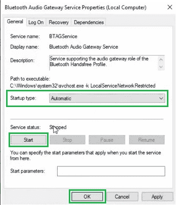 double click on the Bluetooth Audio Gateway Service option