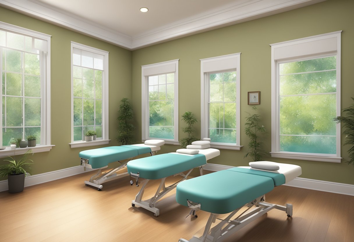 A serene massage therapy studio with various massage tables, calming decor, and soothing lighting in Hackensack