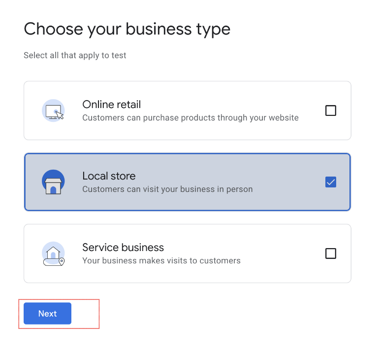 Selecting the business type while creating the google business profile
