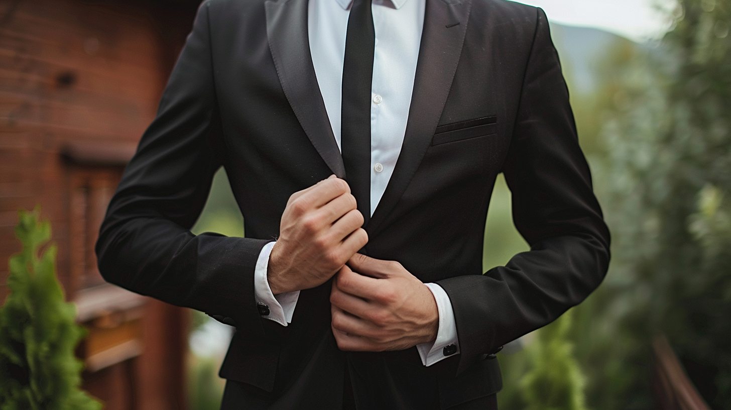 Man wearing a black suit jacket with matching black trousers, crisp white shirt, and black tie, polished dress shoes, styled for a wedding or black-tie event.