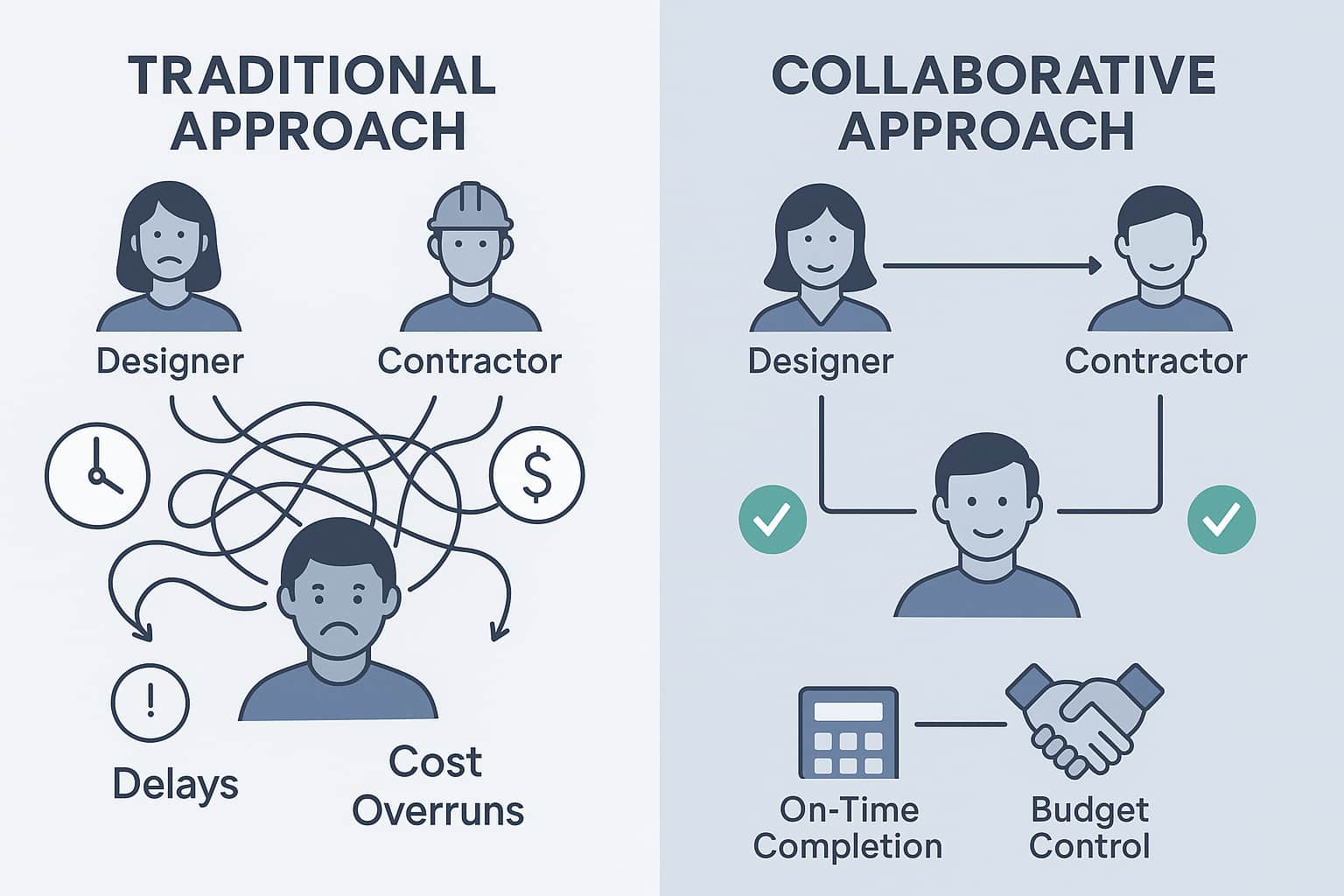 Infographic comparing traditional vs collaborative home improvement lead generation showing communication problems and solutions for remodeling marketing.