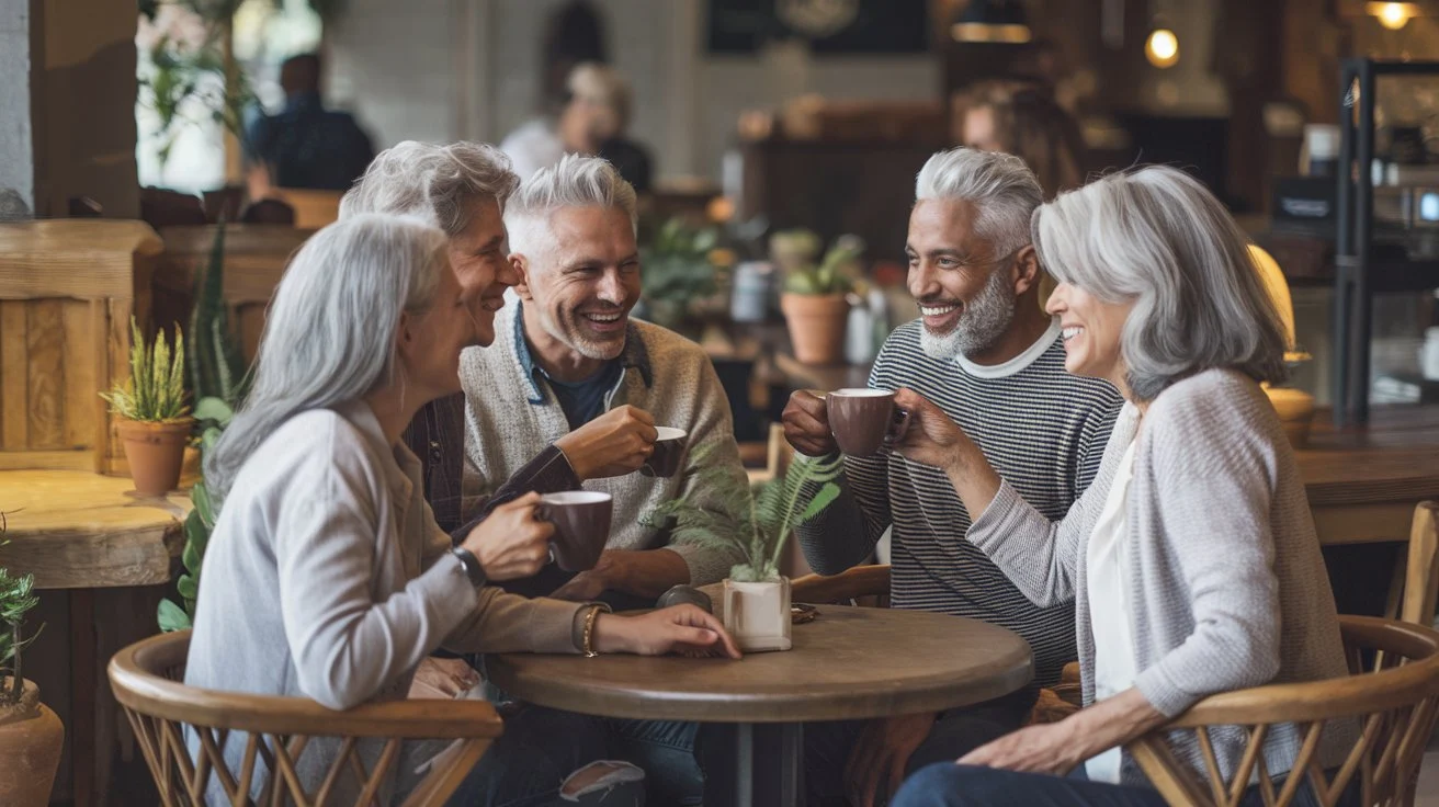 A group of older friends having a lively conversation over coffee.