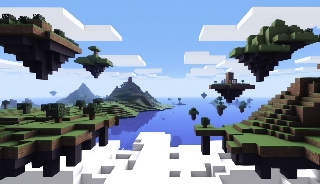 A serene landscape with pixelated terrain and floating islands, showcasing the various biomes and structures found in Minecraft Realms