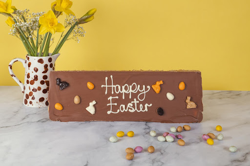 happy easter chocolate flapjack with yellow flowers